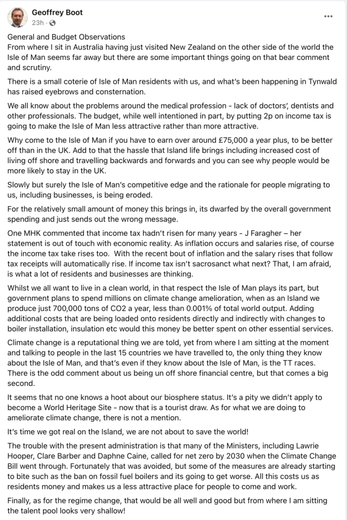 Geoffrey Boot's post on his political page on Facebook